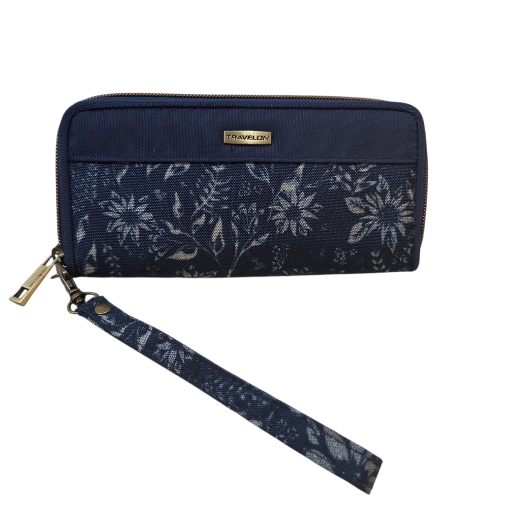 TRAVELON Floral Design Navy Blue Wristlet Wallet Detachable Strap EUC